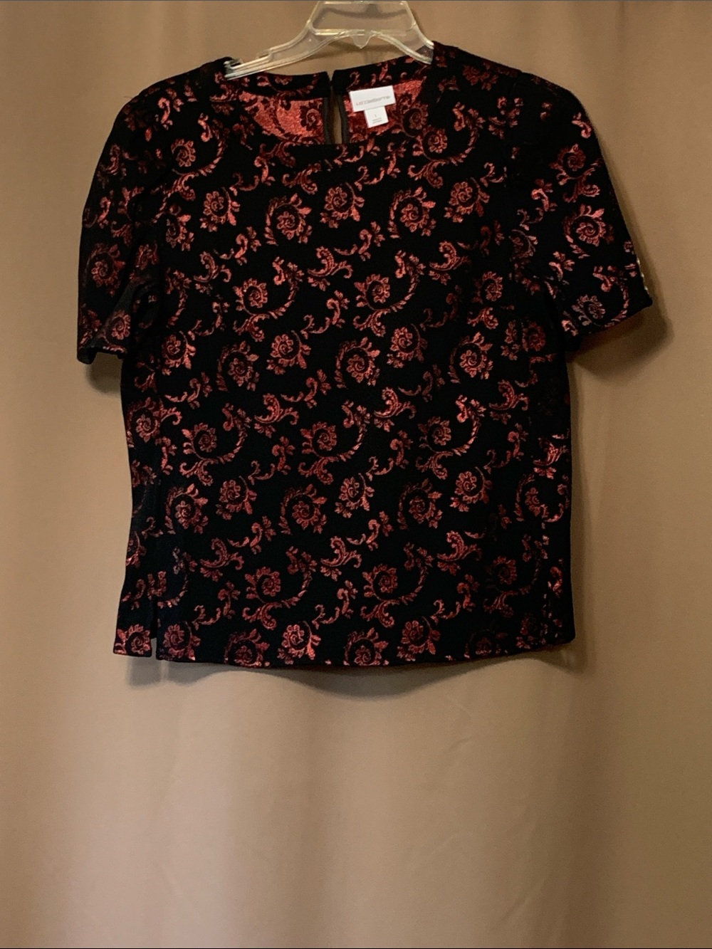 Liz Claiborne Black Velvet Burnout Top with Red Floral Motif